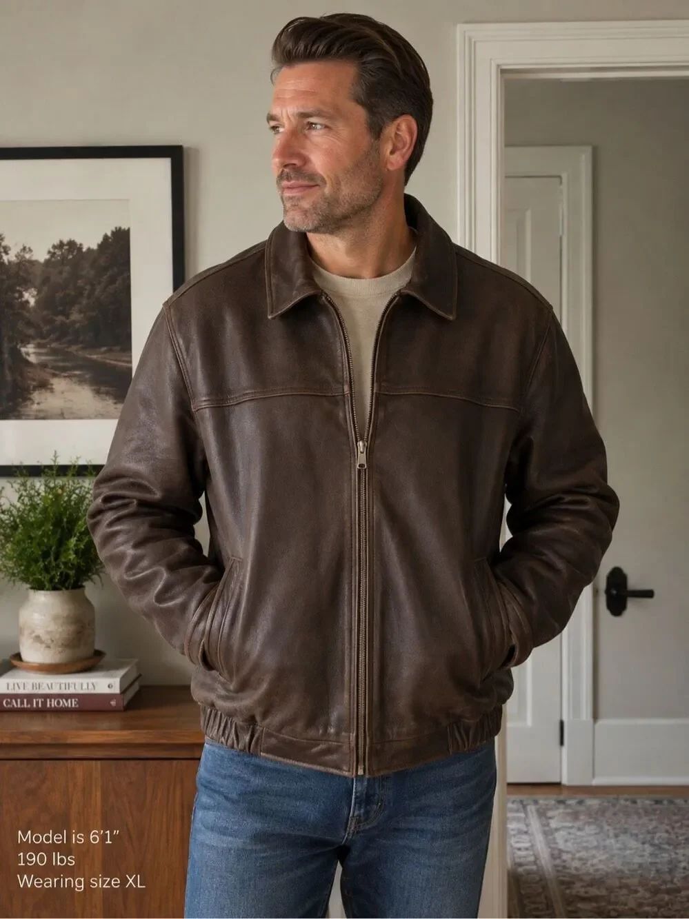 St. John’s Bay Leather Flight Bomber Jacket Size XXL Brown